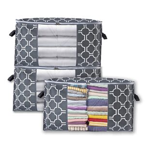 vosign 3-pack large storage bags for clothes pillow blankets, foldable storage containers organizers bins with reinforced handles, clear window, sturdy zippers, 100l, grey