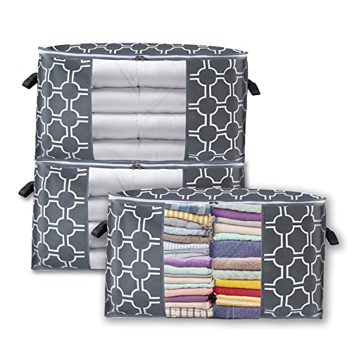 Vosign 3-Pack Large Storage Bags for Clothes Pillow Blankets, Foldable Storage Containers Organizers Bins with Reinforced Handles, Clear Window, Sturdy Zippers, 100L, Grey