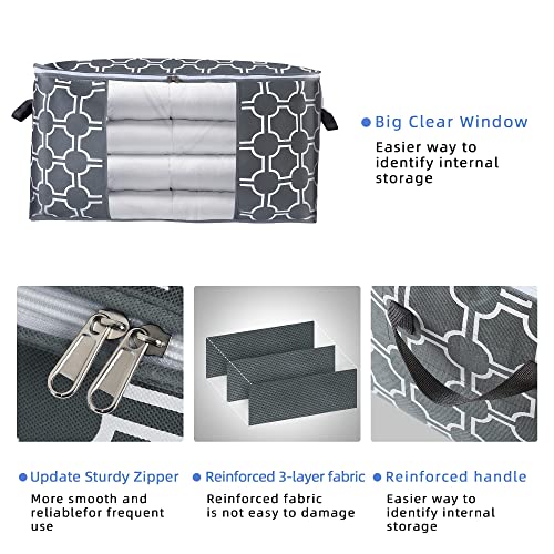 Vosign 3-Pack Large Storage Bags for Clothes Pillow Blankets, Foldable Storage Containers Organizers Bins with Reinforced Handles, Clear Window, Sturdy Zippers, 100L, Grey