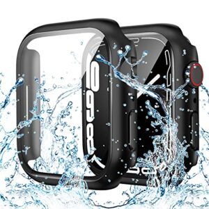 goton waterproof case compatible with apple watch 44mm se (2nd gen) series 6 5 4 with tempered glass screen protector, iwatch full protective hard pc bumper case face cover for men women 44 mm black