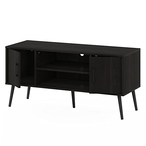 Furinno Claude Mid Century Style Wood Legs TV Stand For TV Size Up To 50 inch With Two Cabinets, Espresso