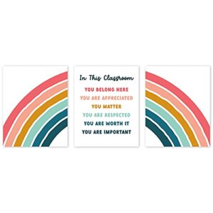 inspirational in this classroom wall art - 3 piece rainbow set (8” x 10” unframed) boho rainbow classroom decor, colorful posters for bulletin board, affirmations for students, preschool, elementary, middle school, or homeschool
