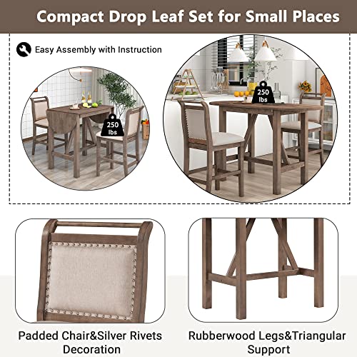 RUNNA 3-Piece Wood Kitchen Table Set, Drop Leaf Table Set with 2 X-Back Chairs for Small Places