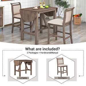 RUNNA 3-Piece Wood Kitchen Table Set, Drop Leaf Table Set with 2 X-Back Chairs for Small Places