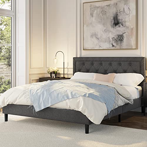 Yaheetech Queen Size Upholstered Bed Frame with Tufted Headboard, Platform Bed Frame with Sturdy Wood Slat Support and Fabric Mattress Foundation, No Box Spring Needed, Dark Grey