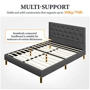 Yaheetech Queen Size Upholstered Bed Frame with Tufted Headboard, Platform Bed Frame with Sturdy Wood Slat Support and Fabric Mattress Foundation, No Box Spring Needed, Dark Grey