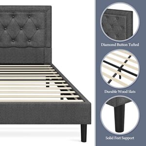 Yaheetech Queen Size Upholstered Bed Frame with Tufted Headboard, Platform Bed Frame with Sturdy Wood Slat Support and Fabric Mattress Foundation, No Box Spring Needed, Dark Grey