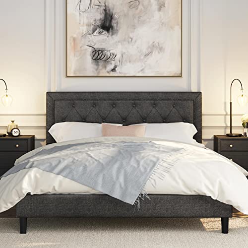 Yaheetech Queen Size Upholstered Bed Frame with Tufted Headboard, Platform Bed Frame with Sturdy Wood Slat Support and Fabric Mattress Foundation, No Box Spring Needed, Dark Grey