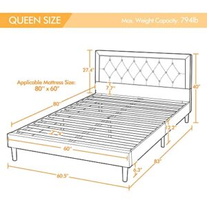 Yaheetech Queen Size Upholstered Bed Frame with Tufted Headboard, Platform Bed Frame with Sturdy Wood Slat Support and Fabric Mattress Foundation, No Box Spring Needed, Dark Grey