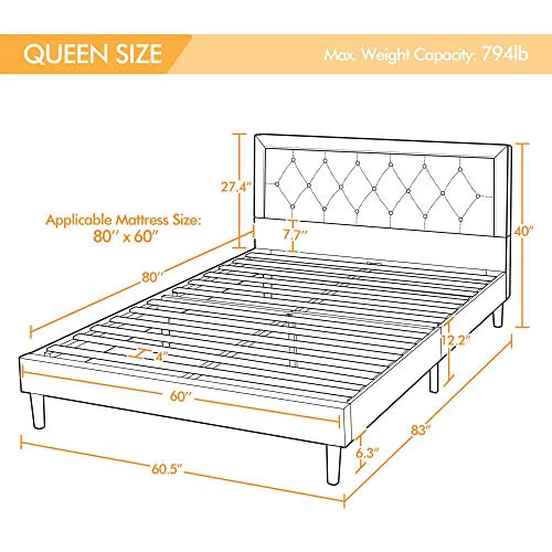 Yaheetech Queen Size Upholstered Bed Frame with Tufted Headboard, Platform Bed Frame with Sturdy Wood Slat Support and Fabric Mattress Foundation, No Box Spring Needed, Dark Grey