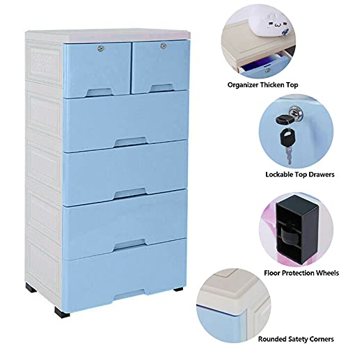 Plastic Storage Cabinet 6 Drawer Units Vertical Clothes Storage Tower Dresser Small Closet Organizer Shelf Lockable for Clothes,Toys,Bedroom,Playroom (Blue)