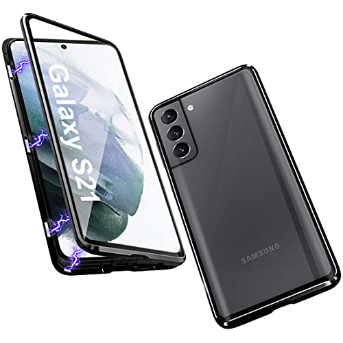 QUIETIP Compatible for Samsung Galaxy S21 Case,Magnetic Metal-Clear Glass Case,Thin Body Metal Frame Double-Sided Tempered Glass with Built-in Screen Lens Protect,Black