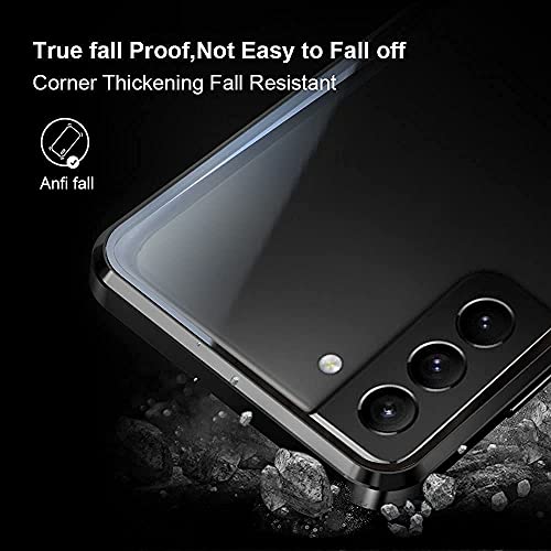 QUIETIP Compatible for Samsung Galaxy S21 Case,Magnetic Metal-Clear Glass Case,Thin Body Metal Frame Double-Sided Tempered Glass with Built-in Screen Lens Protect,Black