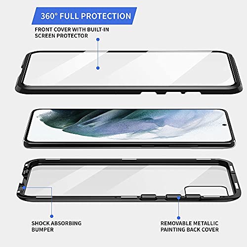 QUIETIP Compatible for Samsung Galaxy S21 Case,Magnetic Metal-Clear Glass Case,Thin Body Metal Frame Double-Sided Tempered Glass with Built-in Screen Lens Protect,Black