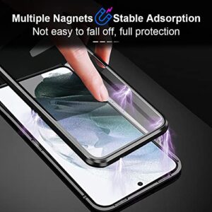 QUIETIP Compatible for Samsung Galaxy S21 Case,Magnetic Metal-Clear Glass Case,Thin Body Metal Frame Double-Sided Tempered Glass with Built-in Screen Lens Protect,Black