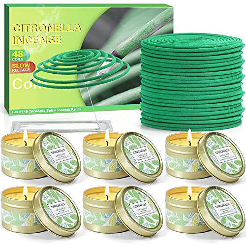 Citronella coils, Citronella Candles for Outdoor Indoor, 48 Coils with 6 x 2.5 oz Candles