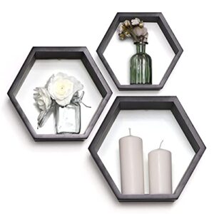 kompleza boutique hexagon shelves. create unique wall art with an elegant set of 3 black honeycomb shelves. sturdy honeycomb shelves for modern décor.