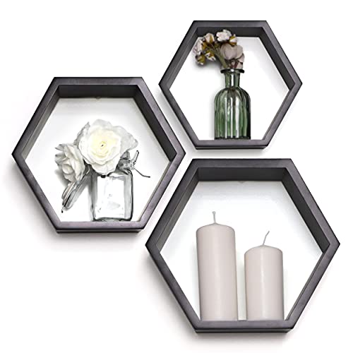 Kompleza Boutique Hexagon Shelves. Create Unique Wall Art with an Elegant Set of 3 Black Honeycomb Shelves. Sturdy Honeycomb Shelves for Modern Décor.