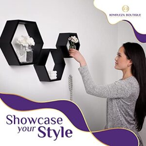 Kompleza Boutique Hexagon Shelves. Create Unique Wall Art with an Elegant Set of 3 Black Honeycomb Shelves. Sturdy Honeycomb Shelves for Modern Décor.