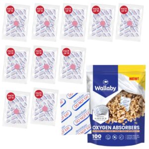 wallaby 500cc oxygen absorbers for long term food storage 100 count (10х packs of 10) bulk - fda food grade packs for vacuum mylar bags, airtight containers flour sugar cereals, freeze dryers & dehydrators
