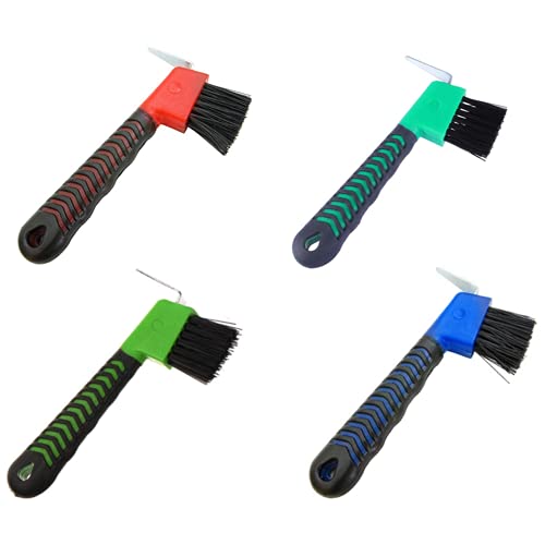 POFUIERKN 4Pcs Horse Hoof Pick Brushes,Horse Hoof Pick Brush with Soft Touch Rubber Handle