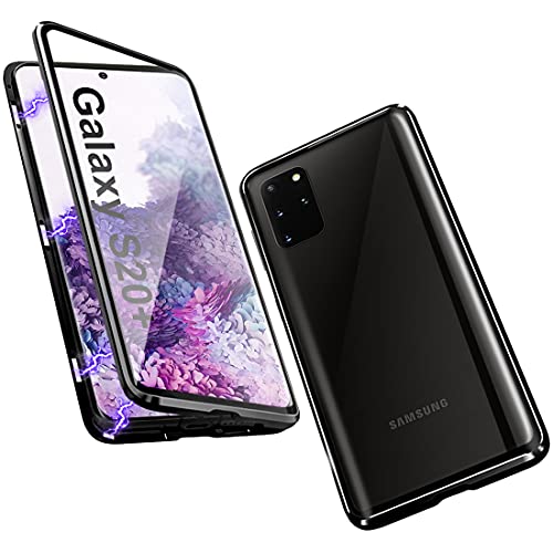 QUIETIP Compatible Samsung Galaxy S20+ Plus Case,Magnetic Metal Clear Glass Case,Thin Body Metal Frame Double-Sided Tempered Glass with Built-in Screen Lens Protect,Black