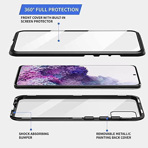 QUIETIP Compatible Samsung Galaxy S20+ Plus Case,Magnetic Metal Clear Glass Case,Thin Body Metal Frame Double-Sided Tempered Glass with Built-in Screen Lens Protect,Black