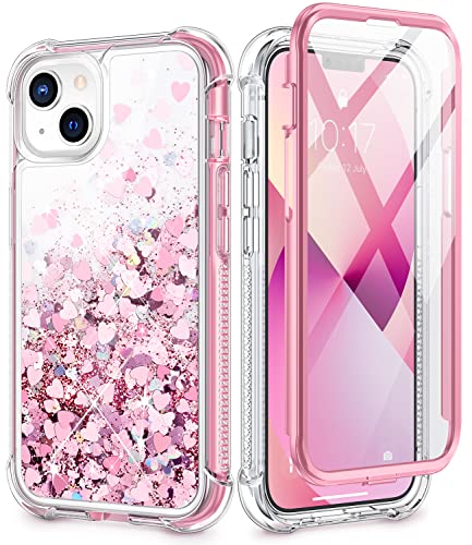 Caka Case Compatible for iPhone 13 Glitter Case, iPhone 14 Case for Women Girls with Built-in Screen Protector Bling Sparkle Liquid Full Body Protective Case for iPhone 13 14 6.1 inch - Rose Gold