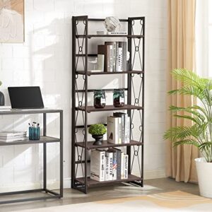 VECELO Bookshelf, 5 Shelf Folding Bookcase No Assembly, Industrial Metal Standing Shelves Organizer for Living Room, Bedroom and Office, Teakwood Brown