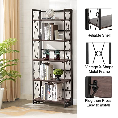 VECELO Bookshelf, 5 Shelf Folding Bookcase No Assembly, Industrial Metal Standing Shelves Organizer for Living Room, Bedroom and Office, Teakwood Brown