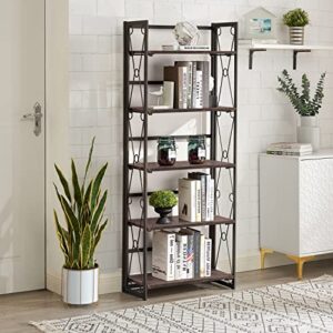 VECELO Bookshelf, 5 Shelf Folding Bookcase No Assembly, Industrial Metal Standing Shelves Organizer for Living Room, Bedroom and Office, Teakwood Brown