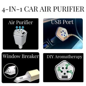 Car Air Purifier Ionizer 4-in-1 Premium Air Purifier + USB Port Charger + Window Breaker Hammer For Safety + Aromatherapy - (Platinum SIlver) )