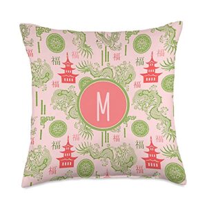 chinoiserie pattern gifts by southerngal personalized 'm' chinoiserie chinese dragon pink green throw pillow, 18x18, multicolor