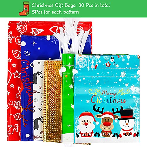 Advantez Christmas Drawstring Gift Bags, Christmas Foil Gift Bags, 30Pcs & 4 Sizes, Xmas Gift Bags for Christmas Goodie Birthday Party Festival Gift Wrapping (Small Medium Large XL)