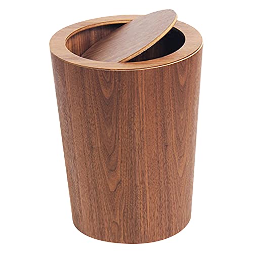 Modern Round Trash Can with Lid - Solid Real Wood Waste Basket in Walnut - 8L/2.1Gal - 9.25"x7.5"x11.8" Swing Top Small Trash Can - Decorative Small Garbage Can for Bedroom, Living Room, Office & Bathroom Nordic MCM Wooden Style