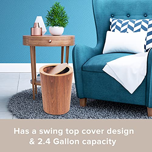 Modern Round Trash Can with Lid - Solid Real Wood Waste Basket in Walnut - 8L/2.1Gal - 9.25"x7.5"x11.8" Swing Top Small Trash Can - Decorative Small Garbage Can for Bedroom, Living Room, Office & Bathroom Nordic MCM Wooden Style
