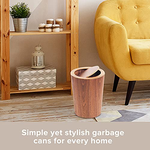 Modern Round Trash Can with Lid - Solid Real Wood Waste Basket in Walnut - 8L/2.1Gal - 9.25"x7.5"x11.8" Swing Top Small Trash Can - Decorative Small Garbage Can for Bedroom, Living Room, Office & Bathroom Nordic MCM Wooden Style