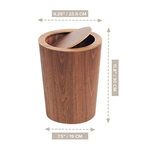 Modern Round Trash Can with Lid - Solid Real Wood Waste Basket in Walnut - 8L/2.1Gal - 9.25"x7.5"x11.8" Swing Top Small Trash Can - Decorative Small Garbage Can for Bedroom, Living Room, Office & Bathroom Nordic MCM Wooden Style