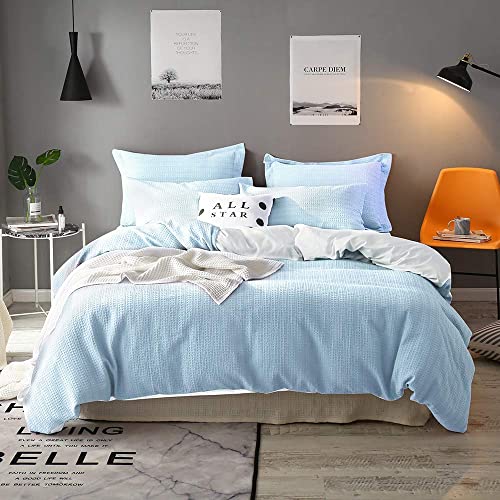 Amazon Brand – Pinzon Cotton Duvet Cover Set,100% Cotton Waffle Weave Duvet Cover Set,3 Pieces Textured Stripe Bedding Set for All Season - Light Blue King