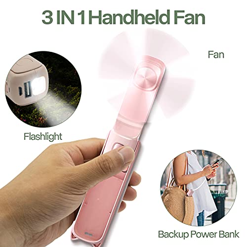 Handheld Portable Fan, Foldable 3 IN 1 fan with USB Rechargeable Battery Operated 12-24 Hours Working Time, Personal Quiet Fan With Power Bank, Flashlight Feature Travel Indoor for Women Sister Friend