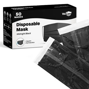 wecare disposable face mask individually wrapped - 50 pack, 3 ply black masks