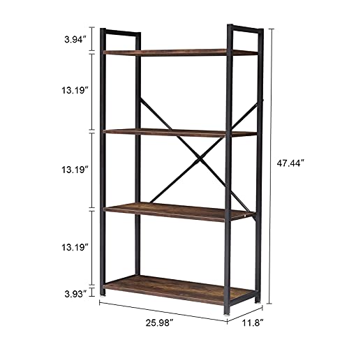 ide¡¤o, IDEO Bookshelf 4 Tier Home Office Industrial Bookcase Storage, Retro Brown, 47.44x25.98x11.81In