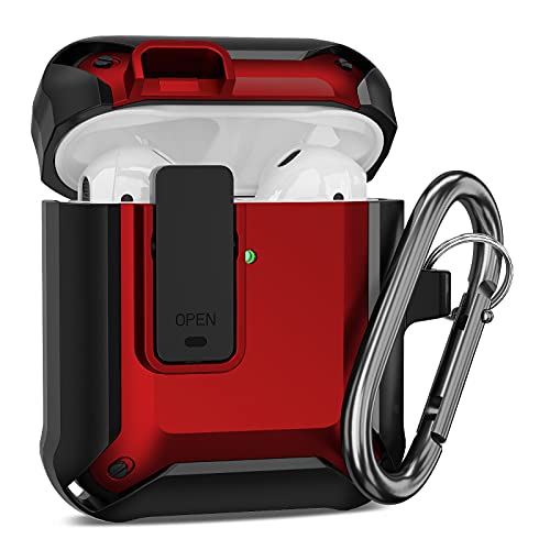 AirPods Case Cover with Keychain, Jiunai Strong Protective Armor Secure Look Shockproof Thick AirPods Case with Carabiner Supports Wireless Charging for AirPods 1st & 2nd Gen LED Visible Black Red