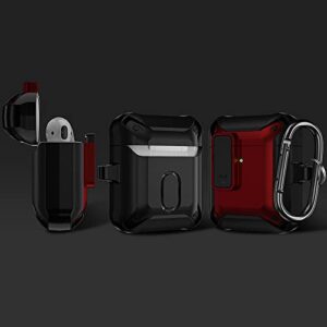 AirPods Case Cover with Keychain, Jiunai Strong Protective Armor Secure Look Shockproof Thick AirPods Case with Carabiner Supports Wireless Charging for AirPods 1st & 2nd Gen LED Visible Black Red