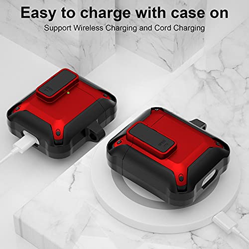 AirPods Case Cover with Keychain, Jiunai Strong Protective Armor Secure Look Shockproof Thick AirPods Case with Carabiner Supports Wireless Charging for AirPods 1st & 2nd Gen LED Visible Black Red