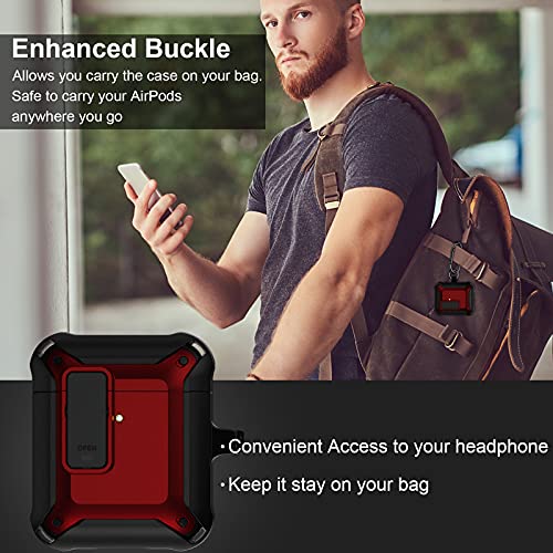 AirPods Case Cover with Keychain, Jiunai Strong Protective Armor Secure Look Shockproof Thick AirPods Case with Carabiner Supports Wireless Charging for AirPods 1st & 2nd Gen LED Visible Black Red