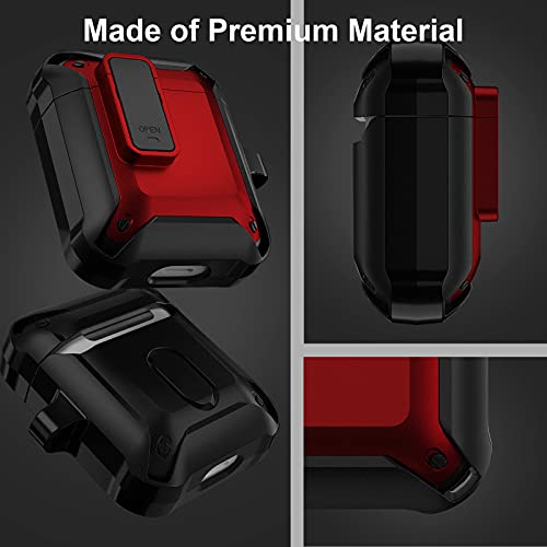 AirPods Case Cover with Keychain, Jiunai Strong Protective Armor Secure Look Shockproof Thick AirPods Case with Carabiner Supports Wireless Charging for AirPods 1st & 2nd Gen LED Visible Black Red