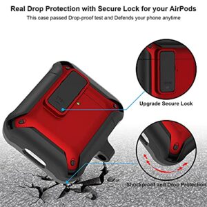 AirPods Case Cover with Keychain, Jiunai Strong Protective Armor Secure Look Shockproof Thick AirPods Case with Carabiner Supports Wireless Charging for AirPods 1st & 2nd Gen LED Visible Black Red