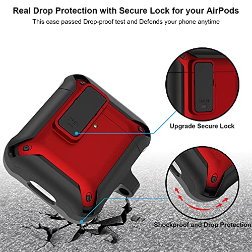 AirPods Case Cover with Keychain, Jiunai Strong Protective Armor Secure Look Shockproof Thick AirPods Case with Carabiner Supports Wireless Charging for AirPods 1st & 2nd Gen LED Visible Black Red