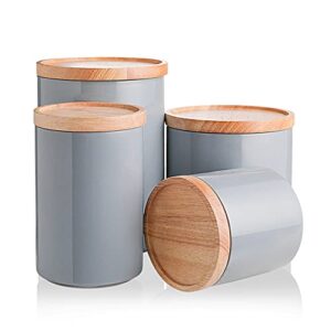 sweejar kitchen canisters ceramic food storage jar set, stackable containers with airtight seal wooden lid for serving ground coffee, tea, herbs, grains, sugar, salt and more - set of 4 (gray)